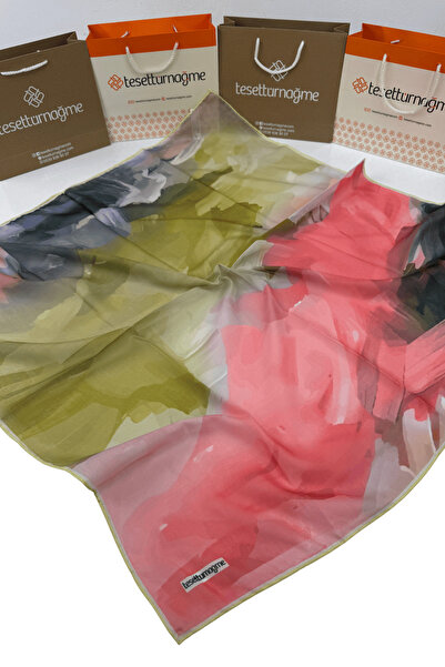 Tesettürnağme Soft Pamuk Eşarp TN2006 Batik Desen Mercan-Yağ Yeşili-03