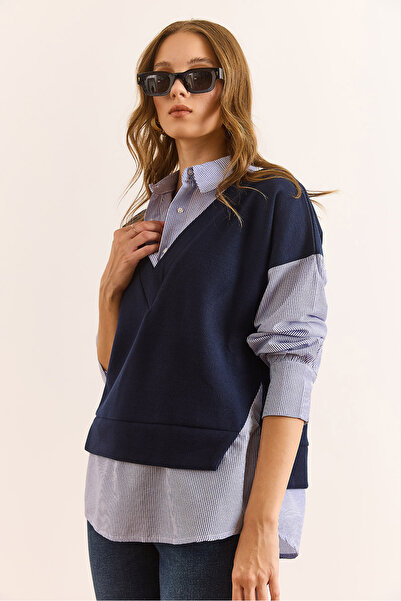 Olalook Kadın Lacivert Selanik Gömlek Detaylı Rahat Kalıp Bluz BLZ-19003111