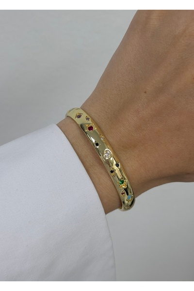 KİLİGİSTANBUL GOLD RENK, RENKLİ FİGÜRLER ESNEK BİLEZİK