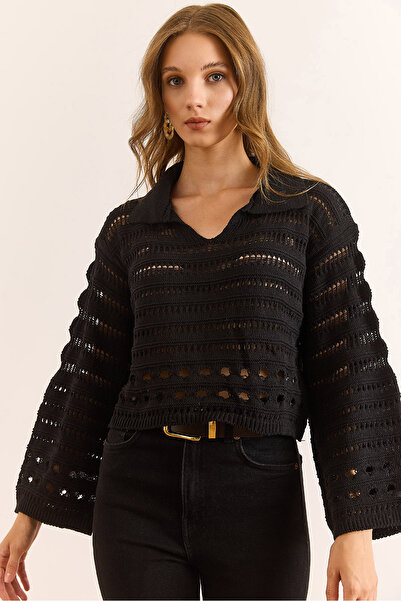 Olalook Women's Black Polo Neck Openwork Knitwear Blouse Blz-19003120