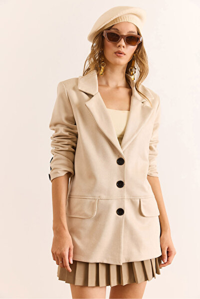 Olalook Kadın Taş Astarlı Düğmeli Fleto Cep Süet Blazer Ceket CKT-19000466