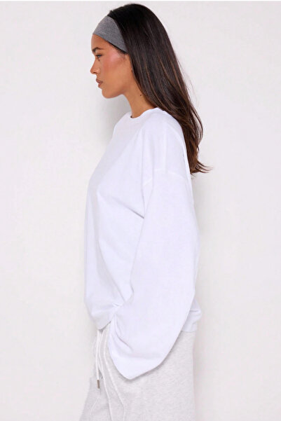 Tarz Cool Γυναικείο μακρυμάνικο λευκό μπλουζάκι από 100% βαμβάκι με λαιμόκοψη μεγάλου μεγέθους