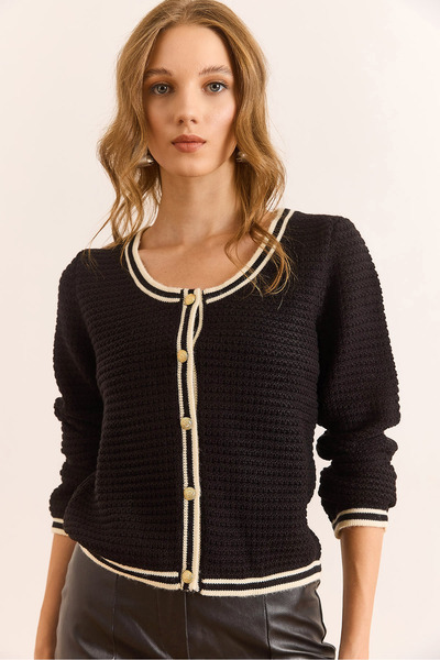 Olalook Women's Black V-Neck Stripe Detailed Textured Knitwear Cardigan Hrk-19000397