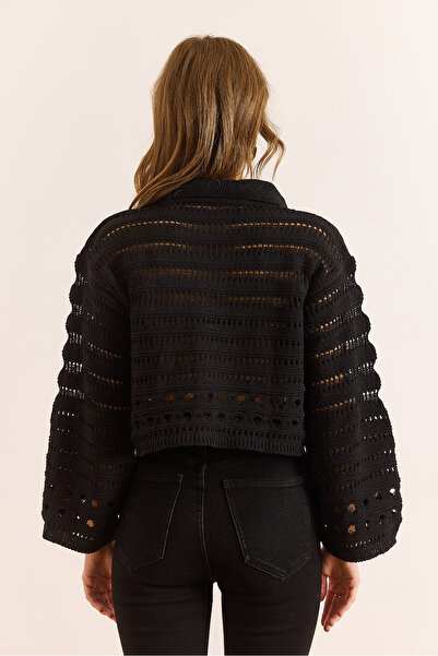 Olalook Women's Black Polo Neck Openwork Knitwear Blouse Blz-19003120