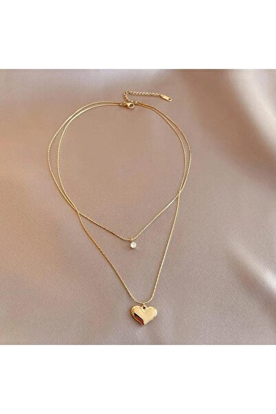 Pursehuit Colier auriu, în 2 straturi, oțel inoxidabil, cu inimă și zirconiu,...