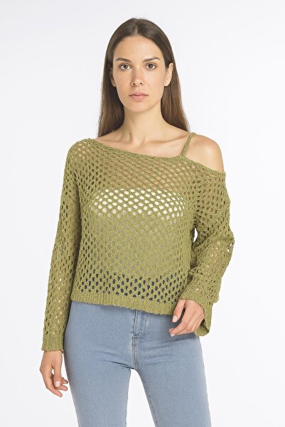 Minora Women's Openwork Sweater with Shoulder Straps Pistachio Green