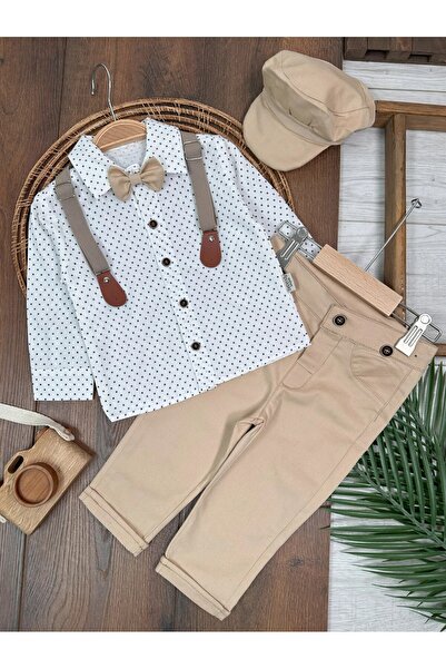 ADDA Baby Boy Set with Bow Tie and Hat, Linen Shirt with Suspender Belt, 5-Piece Baby Boy Set