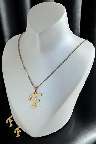 TAKIŞTIR Altın Renk F Harfli Çelik Kolye Ve Küpe Set