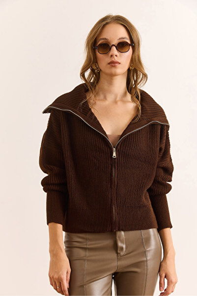 Olalook Women's Brown Wide Collar Zippered Soft Textured Knitwear Cardigan Hrk-19000398