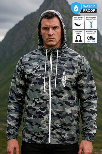 BESSA Camouflage Raincoat Palestine Map Printed Waterproof Seasonal Fabric Hooded Zipper Pocket