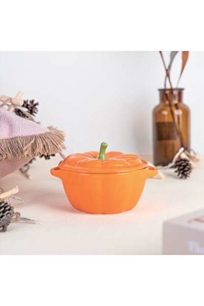 SHOPIENS Halloween Ceramic Bowl Orange with Pumpkin Shape Lid 450ml