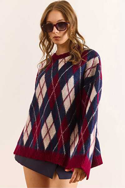 Olalook Kadın Bordo Baklava Desen Oversize Yumuşak Dokulu Triko Kazak KZK-19000996