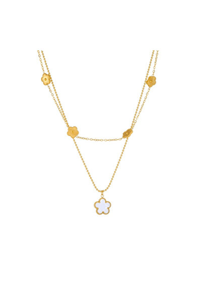 Pursehuit Colier auriu, oțel inoxidabil, în 2 straturi, cu pandantiv floare, ...