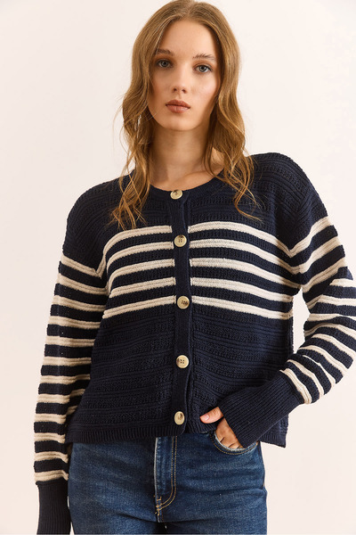 Olalook Women's Navy Blue Stripe Detailed Buttoned Knitwear Cardigan Hrk-19000402