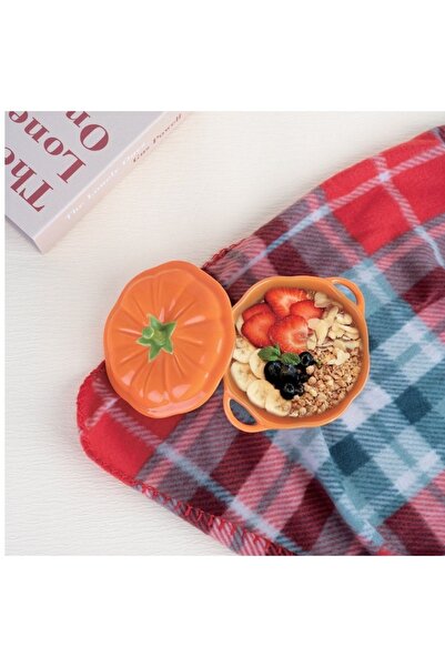 SHOPIENS Halloween Ceramic Bowl Orange with Pumpkin Shape Lid 450ml