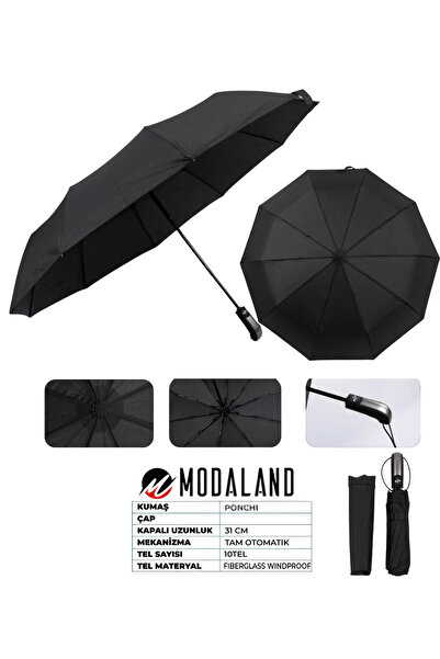 ModaLand 10 Teli Ekstra Güçlendirilmiş Büyük Boy Siyah Tam Otomatik Şemsiye