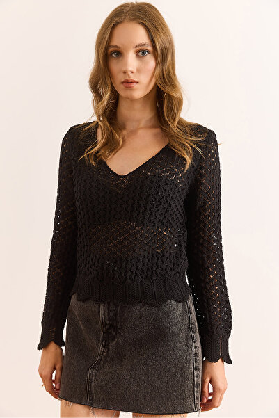 Olalook Women's Black V-Neck Openwork Crop Seasonal Knitwear Blouse Blz-19003123