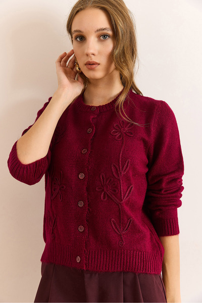 Olalook Women's Burgundy Sweater with Detailed Soft Textured Knit Cardigan Hrk-19000400