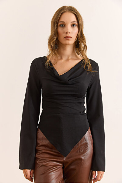 Olalook Kadın Siyah Degaje Yaka Eteği Asimetrik Poliamid Bluz BLZ-19003115