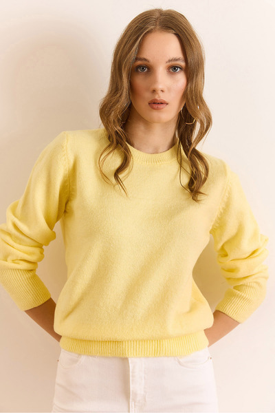 Olalook Women's Yellow Crew Neck Soft Textured Basic Knit Sweater Kzk-19000845