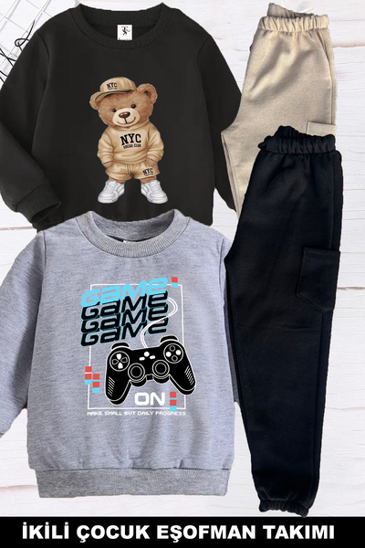 twins tailors 2-Pack Black-Grey Unisex Children's Tracksuit Set with Game Handle and Teddy Bear Print, Inside Lined