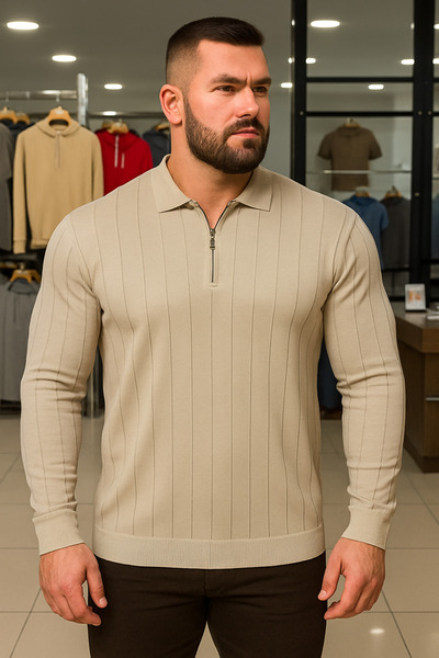 Maccali Men's Winter Plus Size Cream Zippered Sweatshirt
