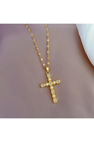 Pursehuit Colier auriu, oțel inoxidabil, cu pandantiv cruce și pietre, suflat...