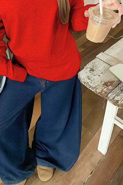 Tarz Cool Kırmızı Kadın Düşük Omuz Kayık Yaka Oversize Uzun Kollu T-Shirt