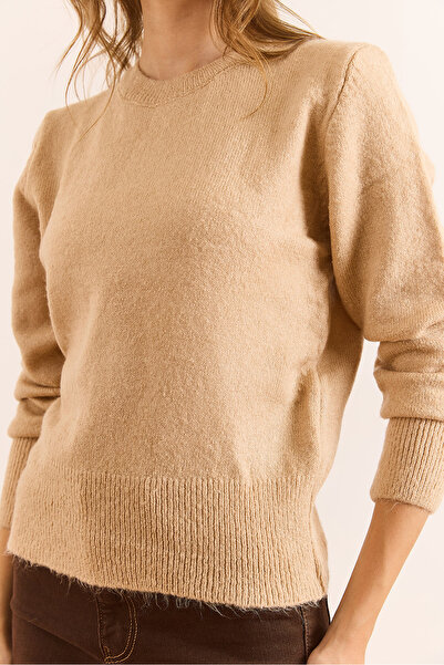 Olalook Women's Camel Crew Neck Soft Textured Basic Knitwear Sweater Kzk-19000845