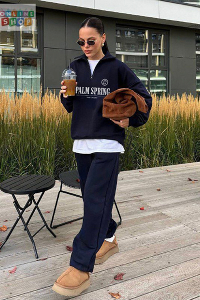 The Champ Clothing Women's Navy Blue Half-Zip Sweatshirt – Palm Spring Printed Oversized Sporty Urban Style Alternative