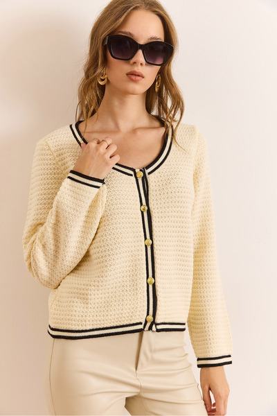 Olalook Women's Ecru V-Neck Stripe Detailed Textured Knitwear Cardigan Hrk-19000397