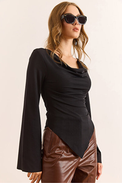 Olalook Kadın Siyah Degaje Yaka Eteği Asimetrik Poliamid Bluz BLZ-19003115