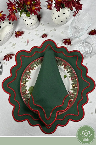 Table Alp Yılbaşı Özel Yeşil Nakışlı Amerikan Servis Takımı | 6 Servis • 6 Peçete | Lüks Yemek Masası Takımı