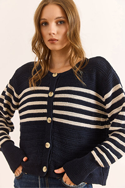Olalook Women's Navy Blue Stripe Detailed Buttoned Knitwear Cardigan Hrk-19000402