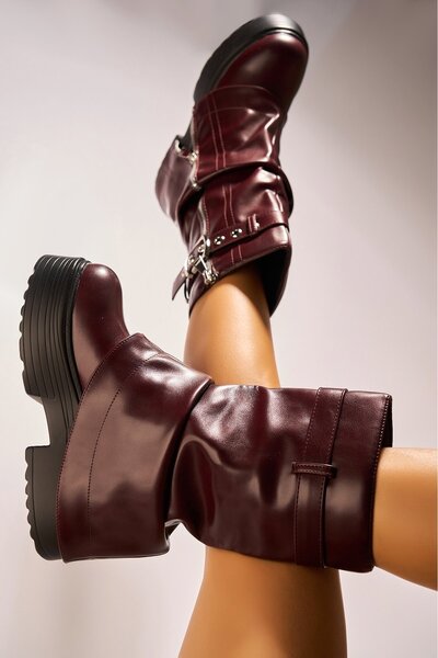 Joana Cizme Dama Scurte Bordo din Piele Ecologica Briary