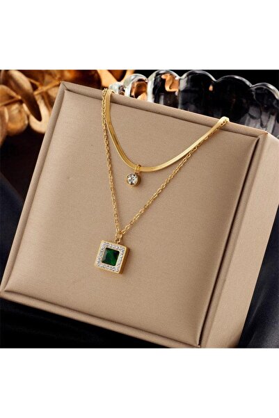 Pursehuit Χρυσό κολιέ, 2 στρώσεις, με πέτρες ζιργκόν, ανοξείδωτο ατσάλι, επιχ...