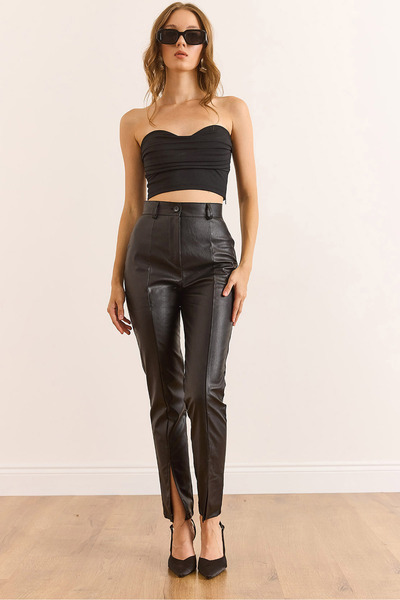 Olalook Women's Black Stitched Detailed Leg Slit Embellished Faux Leather Trousers Pnt-19000368