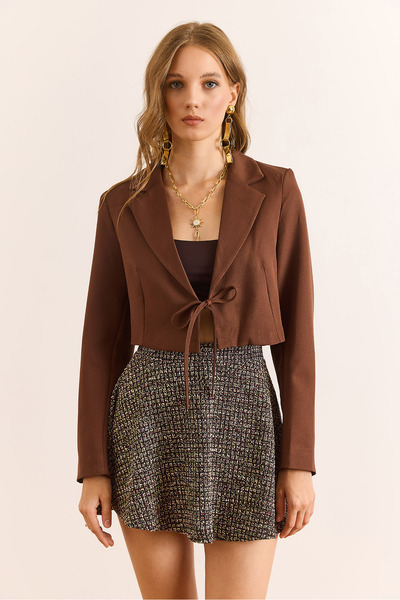 Olalook Women's Brown Lined Lace-Up Detailed Crop Blazer Jacket Ckt-19000464