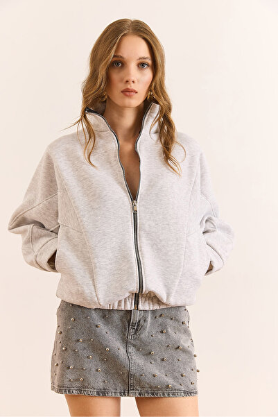 Olalook Kadın Gri Melanj Dikiş Detaylı Cepli Şardonlu Oversize Sweatshirt SWT-19000751