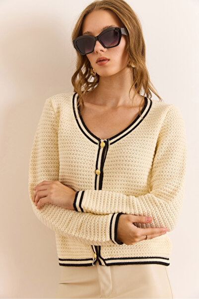 Olalook Women's Ecru V-Neck Stripe Detailed Textured Knitwear Cardigan Hrk-19000397