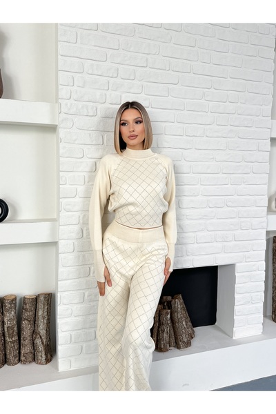 LE CARAMBOLE Women's Stone Finger-Tied Stone Detailed Knitwear Bottom and Top Set
