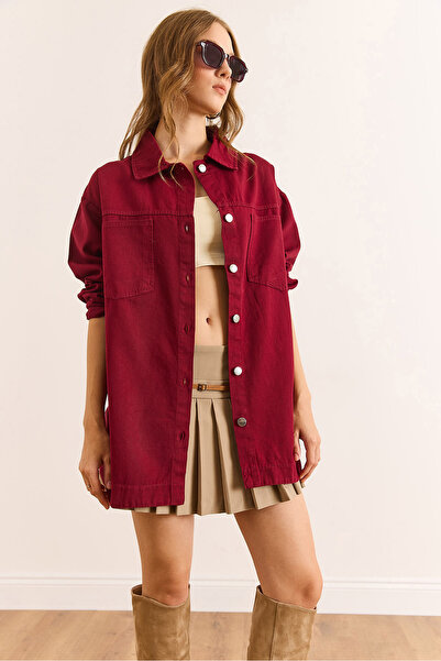 Olalook Women's Burgundy Double Pocket Bottom Oval Gabardine Shirt Gml-19001393