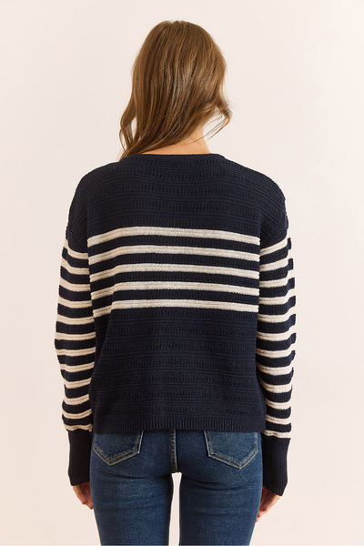 Olalook Women's Navy Blue Stripe Detailed Buttoned Knitwear Cardigan Hrk-19000402