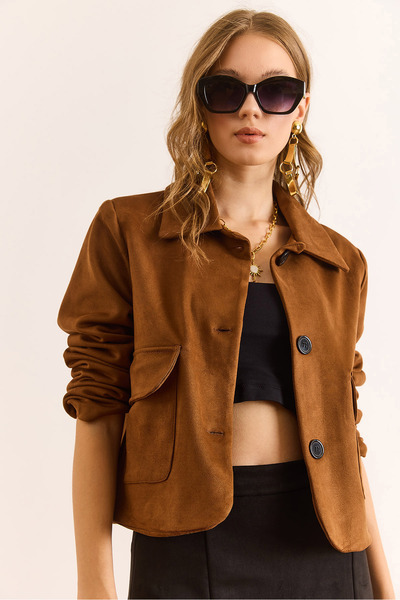 Olalook Women's Tan Lined Pocketed Crop Suede Jacket Ckt-19000467