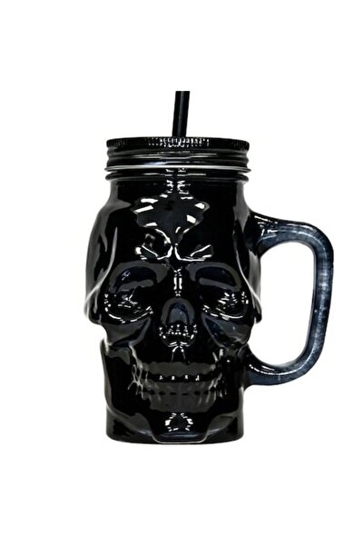 SHOPIENS Halloween Glass Mug Black Skull Design with Handle, Lid, and Straw 400ml