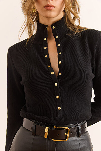 Olalook Pulover de tricotat cu textura moale, cu guler în picioare, negru, pentru femei KZK-19000998