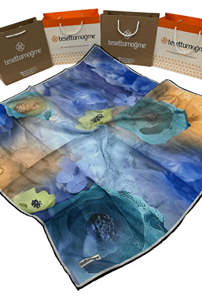 Tesettürnağme Eșarfă din bumbac moale TN2002 Motiv floral Indigo-verde apă-07