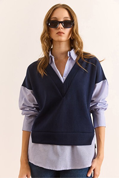 Olalook Kadın Lacivert Selanik Gömlek Detaylı Rahat Kalıp Bluz BLZ-19003111