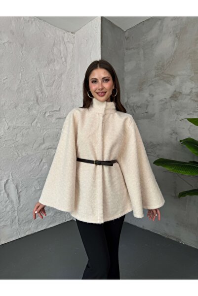 Elif Özbey Butik Ecru Belted Poncho Coat