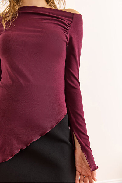 Olalook Women's Burgundy Boat Neck Cuff Slit Soft Touch Blouse Blz-19003112